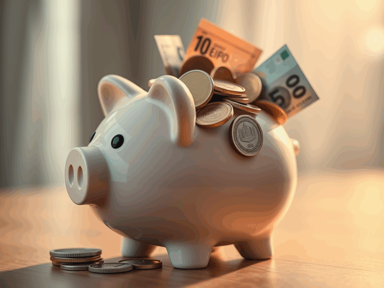 Biała skarbonka w kształcie świnki z monetami i banknotami — ilustracja do artykułu Poduszka finansowa