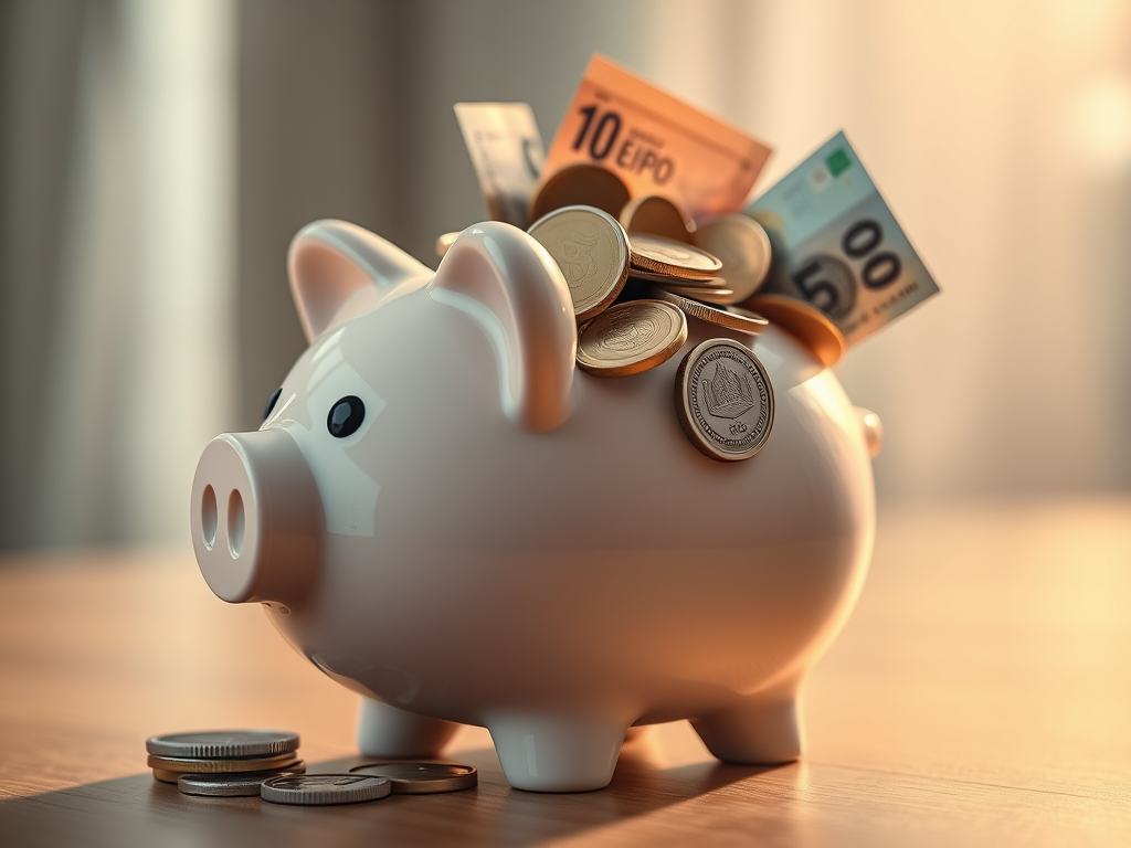 Biała skarbonka w kształcie świnki z monetami i banknotami — ilustracja do artykułu Poduszka finansowa